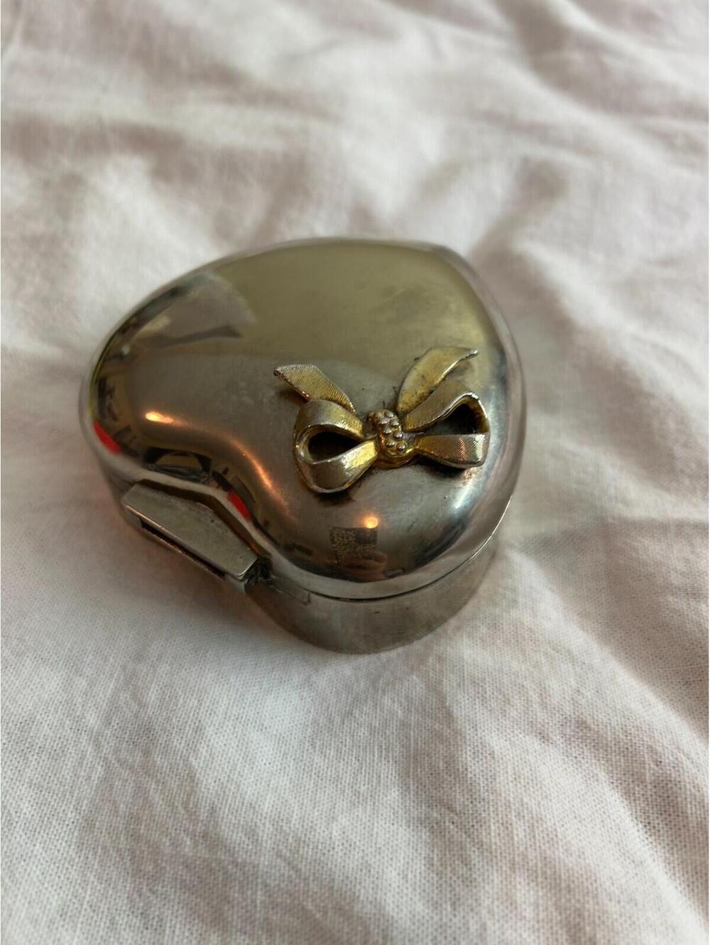 Vintage Silver Plated Heart Shaped Trinket Box With A Gold Colored Bow